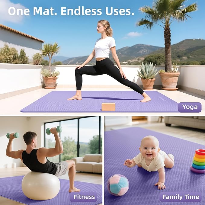 Extra Large Yoga Mat - 72"x35", 72"x48", 78"x57" - Wide TPE Exercise Mat for Home, Stretching, Couples & Family Workouts - 6-12mm Thick, Non-Slip & Waterproof - with Carry Bag and Straps