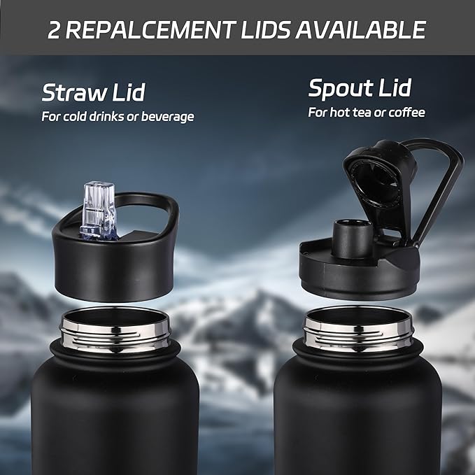 HASLE OUTFITTERS 32 oz Insulated Water Bottle Stainless Steel Double Walled Vacuum Sports Water Bottle with 2 Lids (Straw and Spout Lid) for Gym Camping Hiking(Black,4)