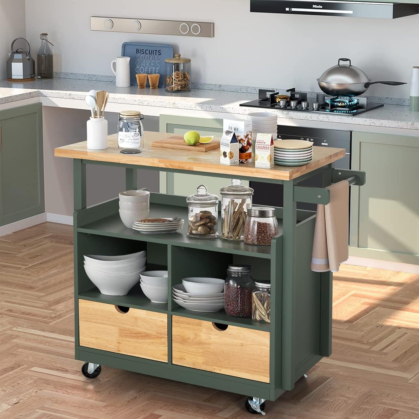PHI VILLA Kitchen Island Cart on Wheels - Butcher Block Island Table for Food Prep, Rolling Kitchen Trolley with Storage