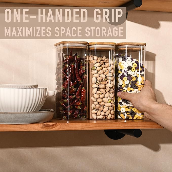 56oz Rectangle Airtight Glass Storage Containers with Bamboo Lids (Set of 3), Square Food Storage Jar, Pantry Organizers for Oats, Cereal, Pasta and Coffee beans (with Black Lable)
