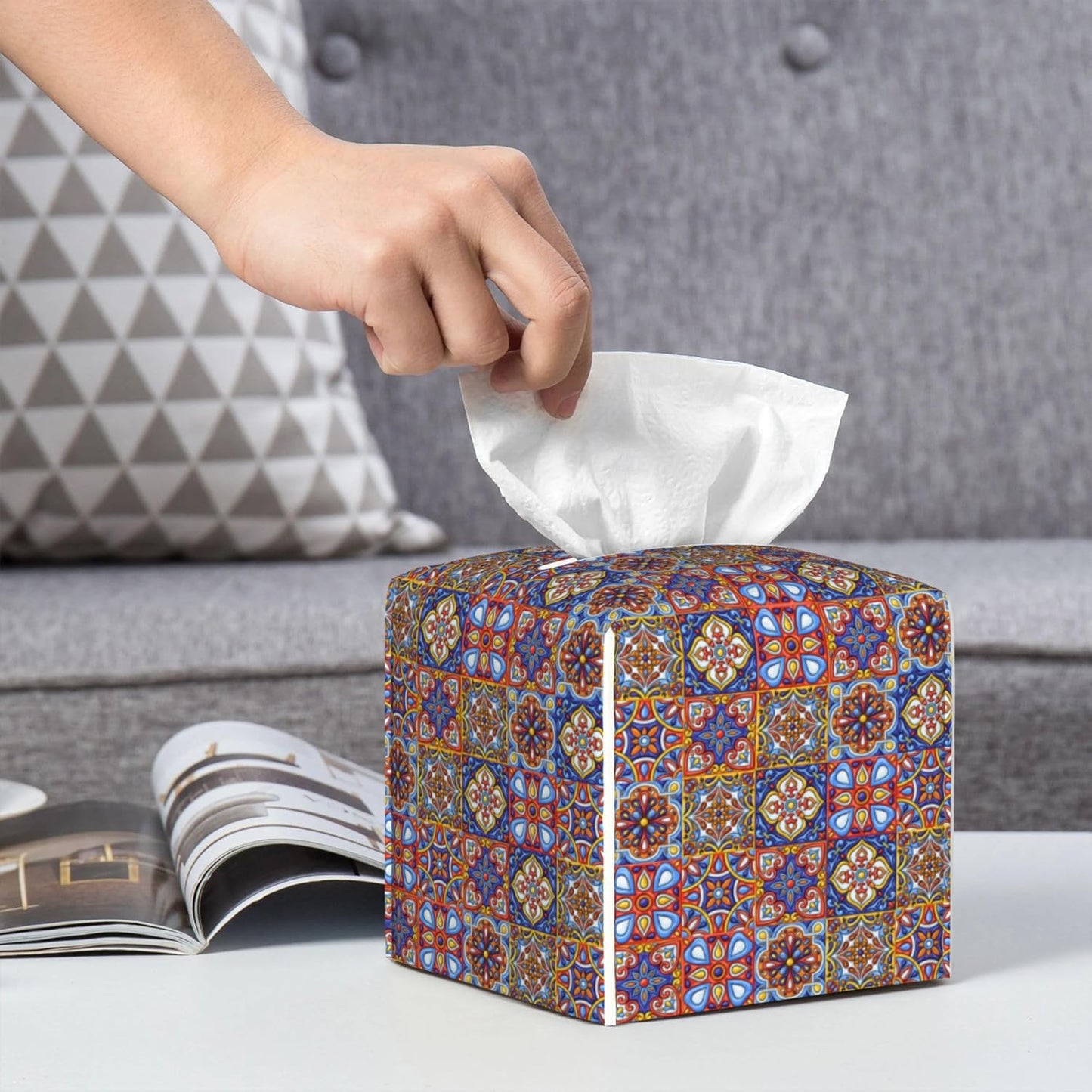 Mexican Talavera Ceramic Tile Tissue Box Cover Square, Retro Boho Flowers Tissue Box Holder Waterproof Leather Facial Paper Organizer Dispenser for Bathroom Home Car Nightstand Vanity Desk
