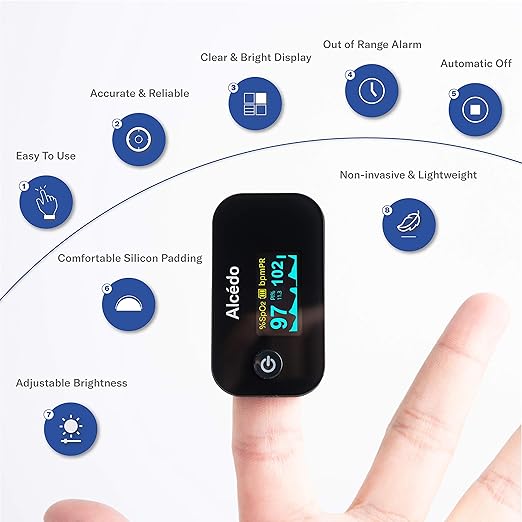 Alcedo Pulse Oximeter Fingertip | Blood Oxygen Saturation Level (SpO2) and Heart Rate Monitor | Dual Color OLED Display | Portable Carry Case, Lanyard, Batteries