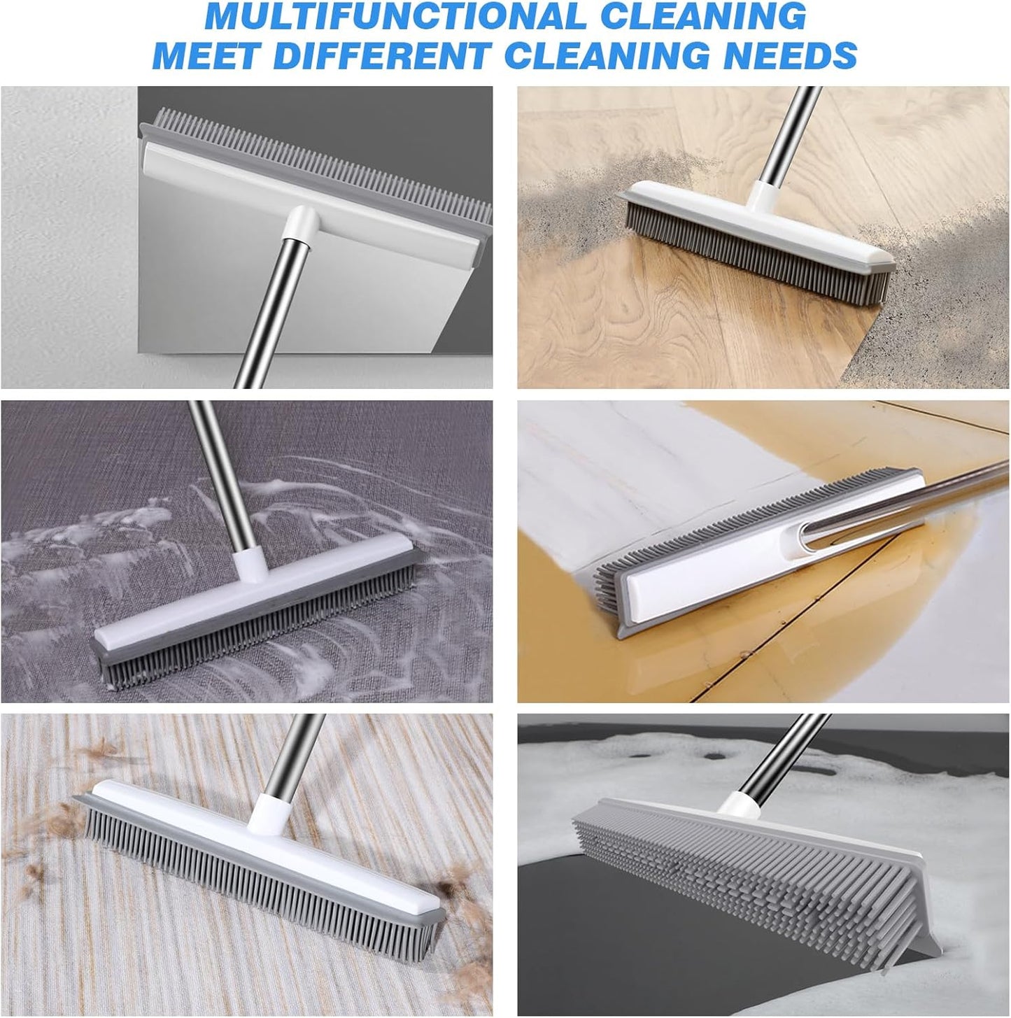 Rubber Broom Carpet Rake for Pet Hair, 2 in 1 Pet Hair Removal Broom with Built in Squeegee, Fur Remover Broom with 51" Adjustable Long Handle for Carpet, Hardwood Floor, Tile