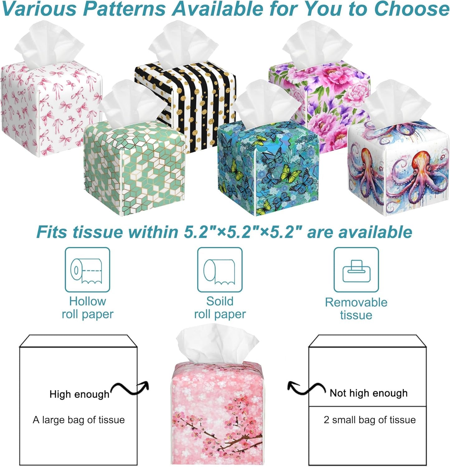 Pink Cherry Tissue Box Holder,Spring Blossom Square Leather Tissue Box Cover with Bottom Belt,Waterproof Modern Napkin Holder Organizer for Car Bathroom Vanity Office Tabletop,5.2" x 5.2" x 5.2"