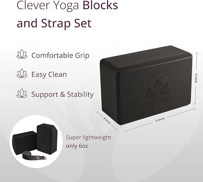 Clever Yoga Blocks & Strap - Lighweight Foam Yoga Blocks 2 Pack with 8ft Cotton Yoga Strap Set Kit for Beginners & Pros, Accessories & Equipment for Women & Men