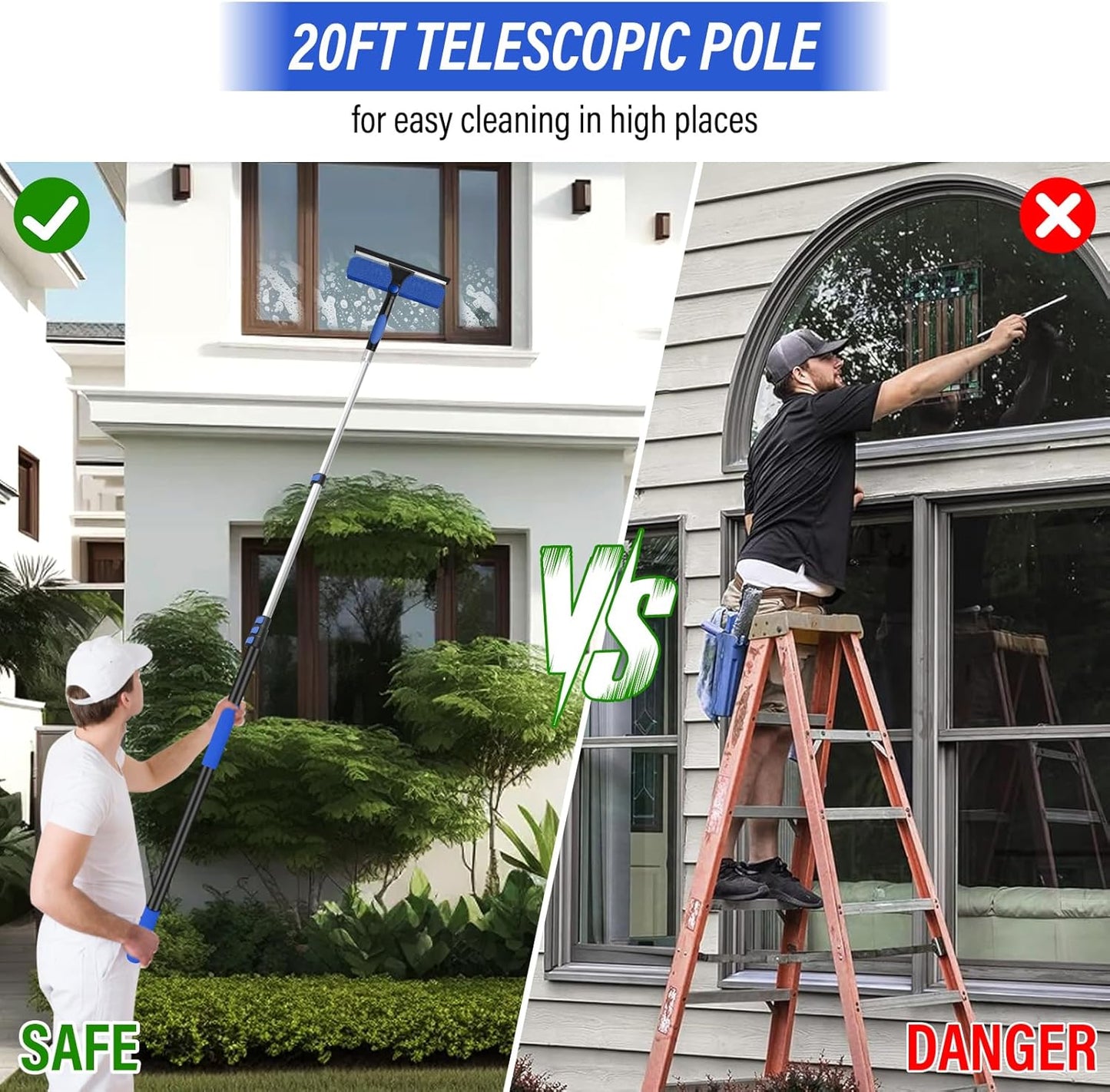 26FT Window Washing Kit with Extension Pole,High Reach Duster Kit,Cobweb Duster with 5-20FT Telescoping Pole,2 in 1 Window Cleaning Squeegee Kit for Outdoor and Indoor Cleaning