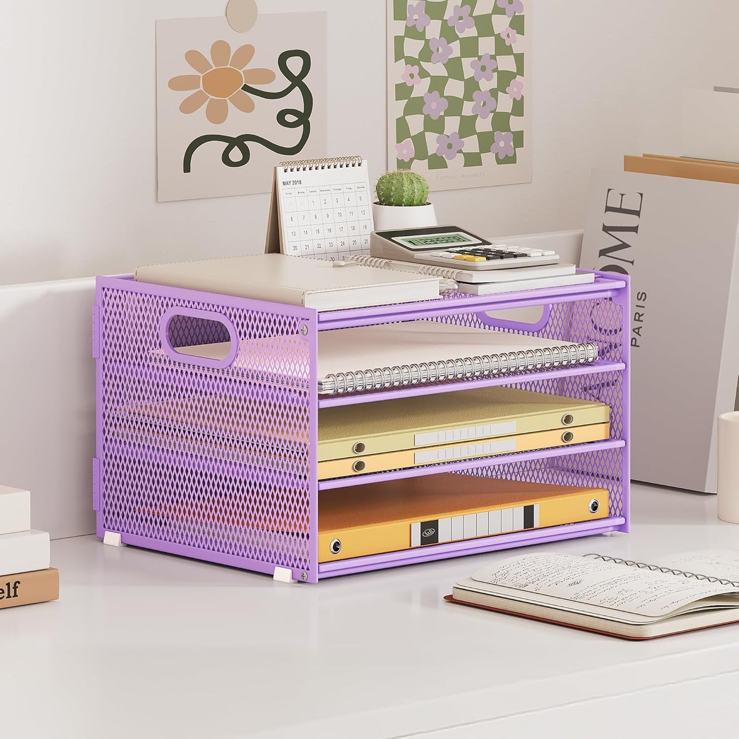 Subekyu Paper Letter Tray Organizer for Desk, Purple Metal Mesh Desk File Sorter Organizer with Handle and 2 Sliding Trays for Home Office School Supplies Organization