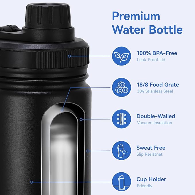 DOMICARE 16 oz Kids Water Bottle for School Stainless Steel Double Wall Vacuum Insulated Water Bottle with Straw lids & Spout Lid, Leakproof BPA Free (Black,4)