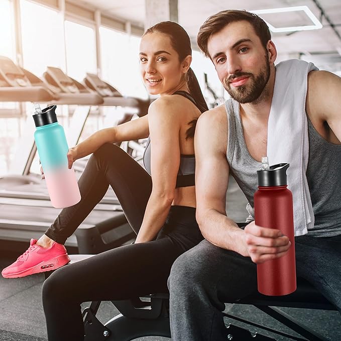 VEGOND 40 oz Insulated Water Bottle Bulk Stainless Steel Metal Water Bottles with Leak Proof Straw Lid & Spout Lid, Wide Mouth Double Walled Vacuum Travel Sports Bottle, Red 4 Pack