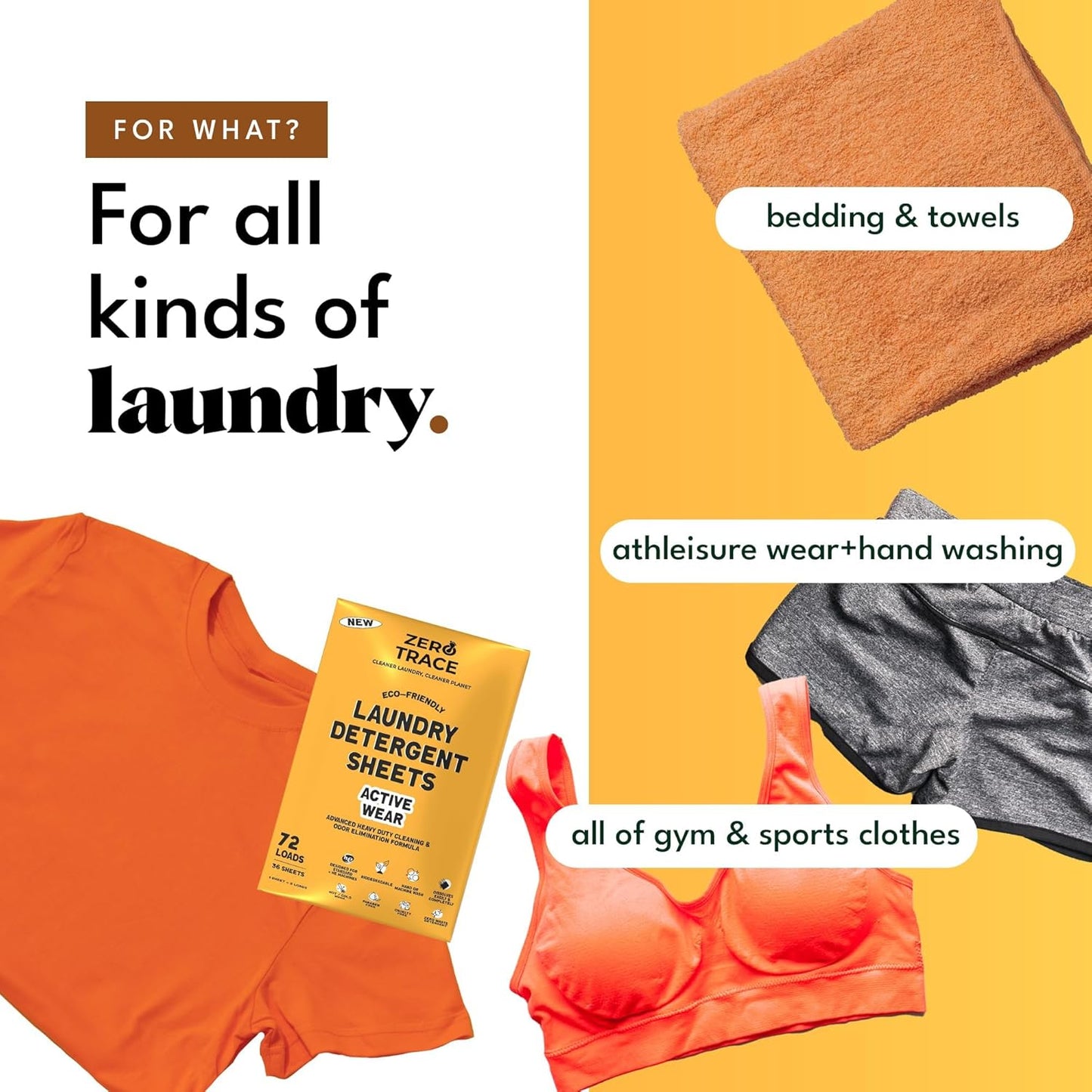 Zero Trace Laundry Detergent Sheets - Formulated for Sweat and Workout Clothes- Plastic Free Eco-friendly (Active Wear 144 Loads)