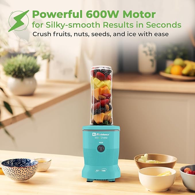 Koblenz Mix&Shake Blender, 20 oz Portable Blender, 600W Motor, Pulse, ON/OFF Functions, Stainless Steel Blades, Shakes, Sauces, Smoothie Maker, (1) 20 oz To-Go Bottle, Green, MSKM-600 V