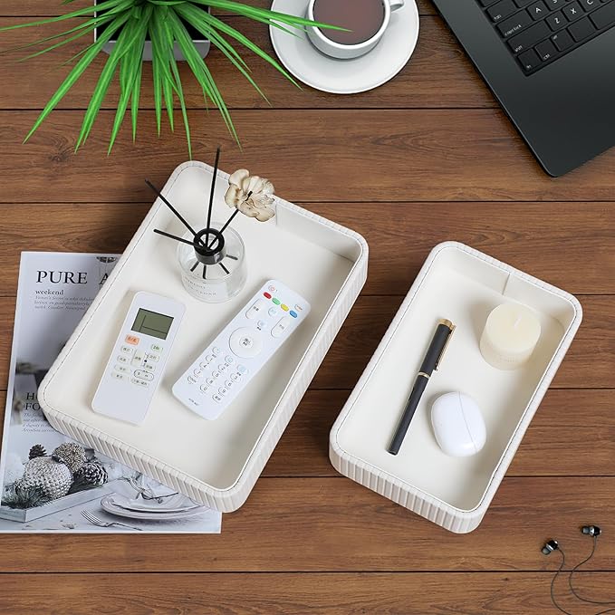 2 Pack Nightstand Organizer Tray, Decorative Perfume Valet Tray Trinket Dish Catch All Purse Key Bowl, PU Leather Coffee Table Trays for Vanity Dresser Bedside Bathroom Countertop (Ivory)