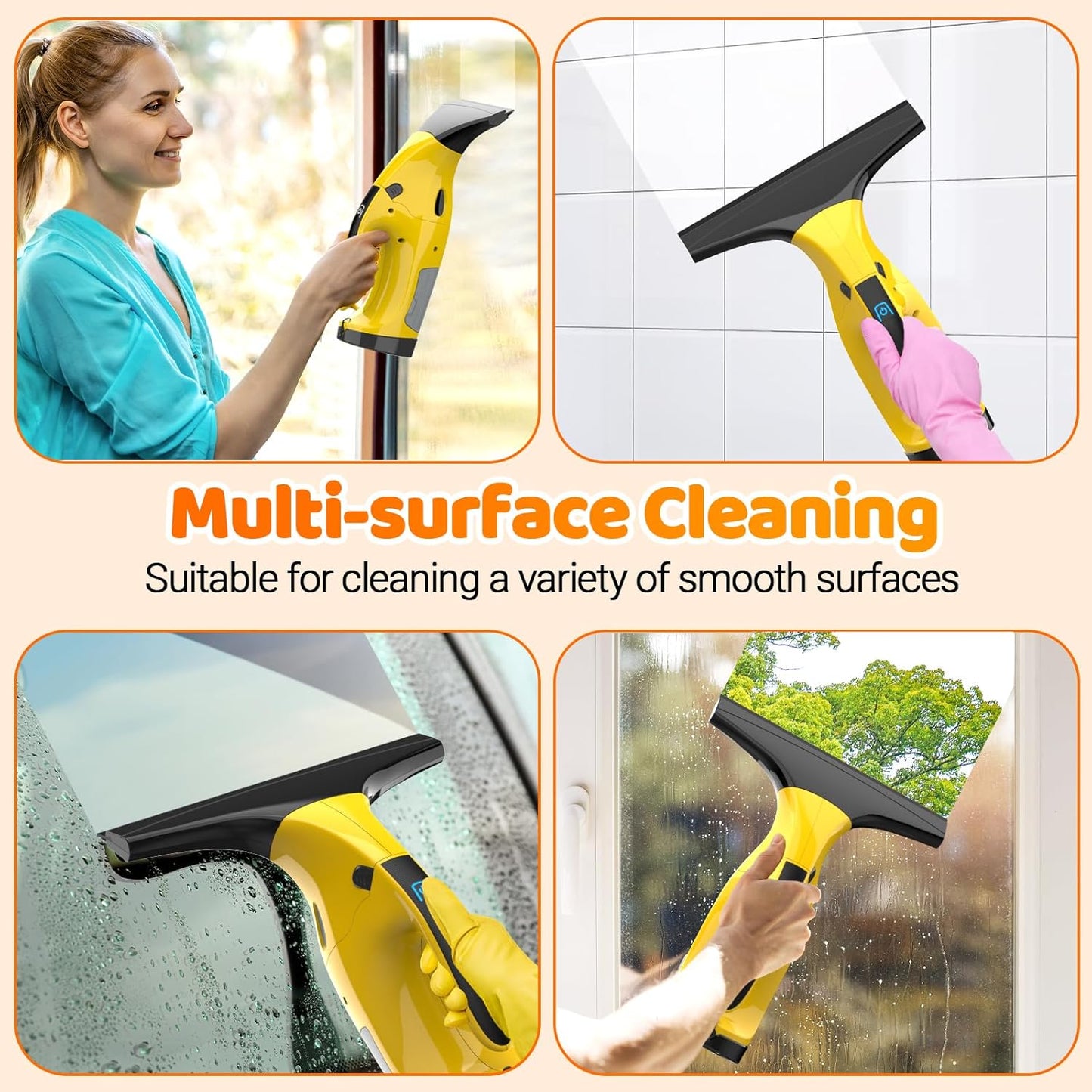 Kiato Window Vacuum Squeegee Cordless, Rechargeable Window Vacuum Cleaner with 2 X Squeegee (11โ+ 6.7โ), Electric Window Vac for Windows, Tiles, Mirrors, Showers, Glass, 2200mA, WC09
