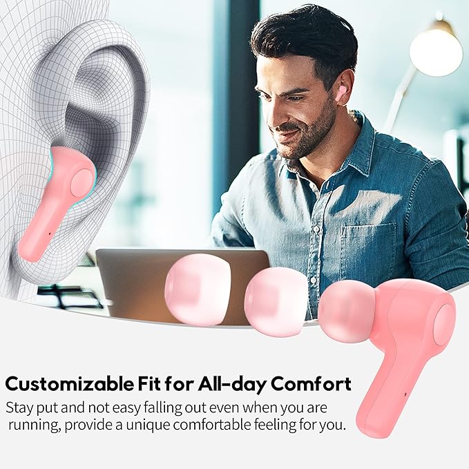 MOZOTER Bluetooth 5.3 Wireless Earbuds,Deep Bass Loud Sound Clear Call Noise Cancelling with 4 Microphones in-Ear Headphones with Wireless Charging Case Compatible for iPhone Android,Work -Pink01