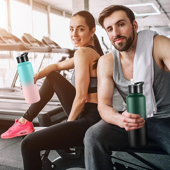 VEGOND 40 oz Insulated Water Bottle Stainless Steel Metal Water Bottles with Leak Proof Straw Lid & Spout Lid, Wide Mouth Double Walled Vacuum Travel Sports Bottle Cup, Green Pink