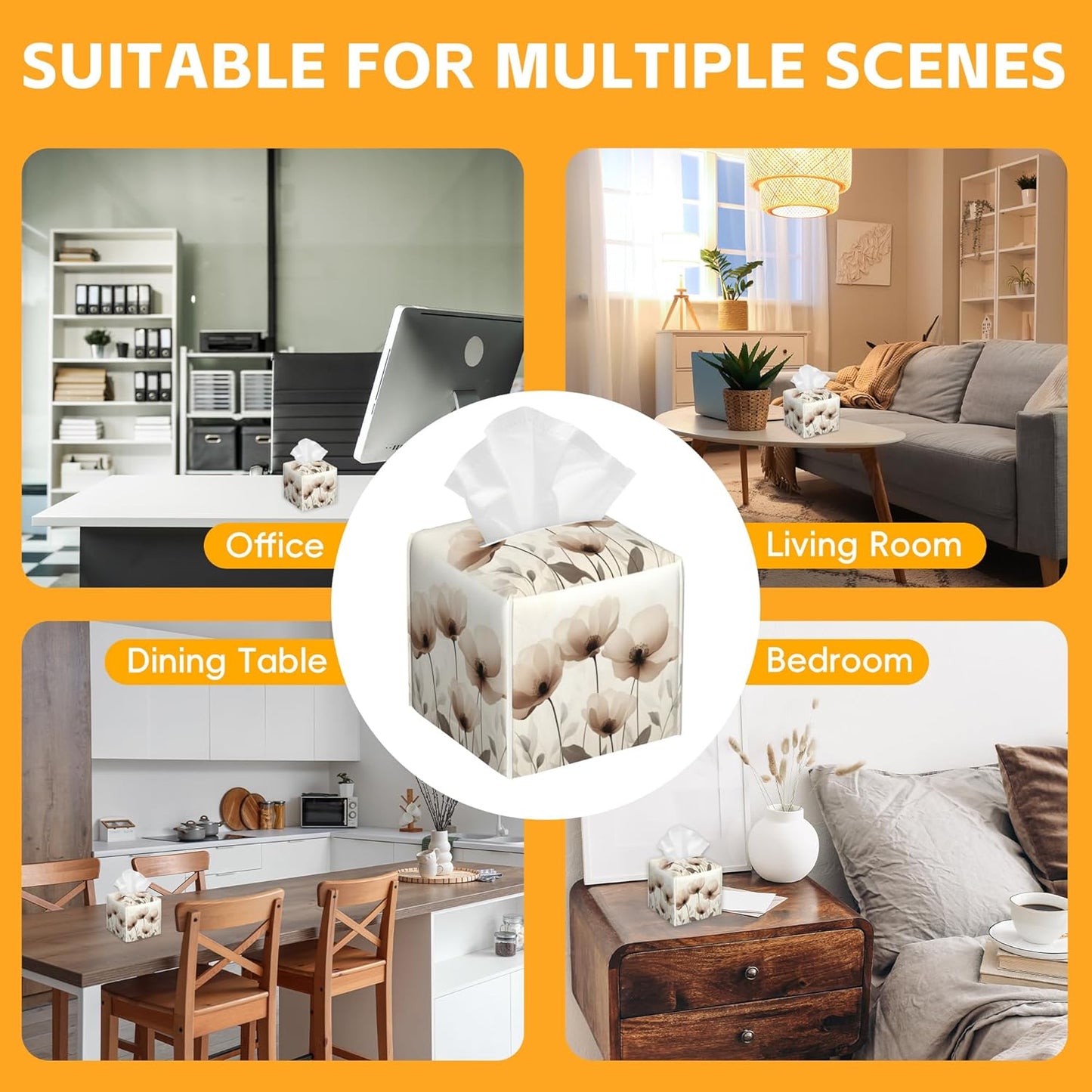 Brown Poppy Floral Leaves Spring Tissue Box Cover,Waterproof Leather Tissue Cube Box Holder Square Facial Paper Organizer Dispenser for Bathroom Home Car Nightstand Vanity Desk