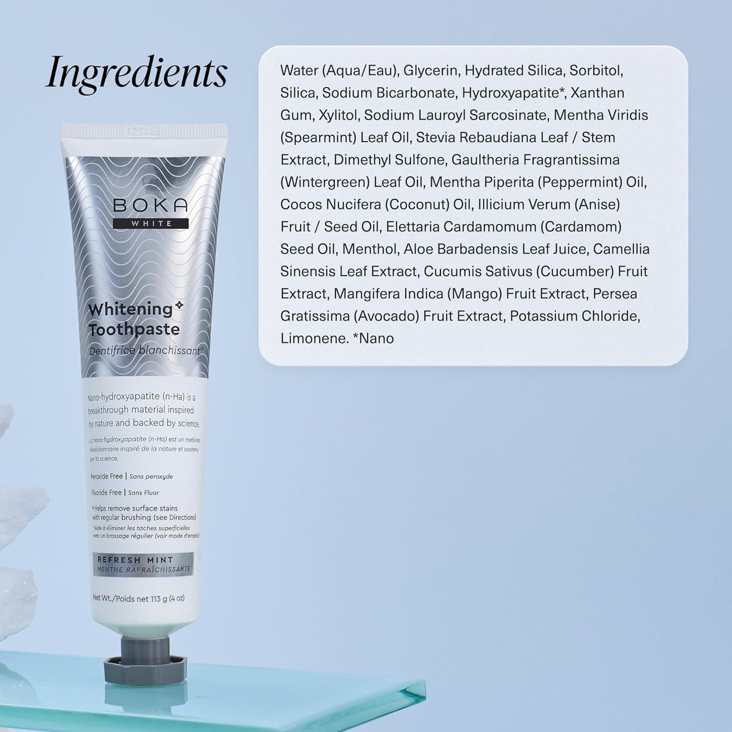 Boka Fluoride Free Toothpaste, Nano Hydroxyapatite Toothpaste, Appropriate for Sensitive Teeth, for Adult, Kids Oral Care - Whitening* Refresh Mint, 4 Fl Oz 1Pk US Manufactured