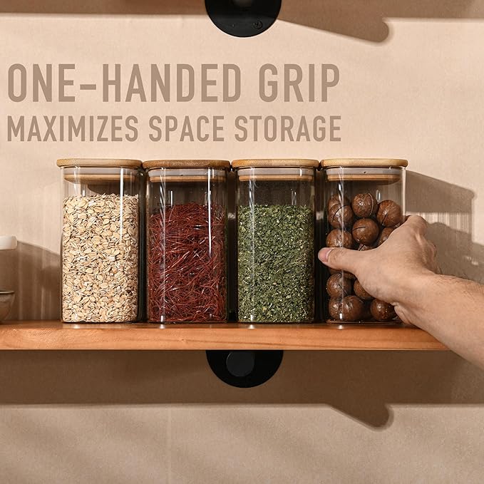 37oz Rectangle Airtight Glass Storage Containers with Bamboo Lids (Set of 6), Square Food Storage Jar, Pantry Organizers for Cereal, Nuts, Snacks and Coffee beans (with Black Lable)