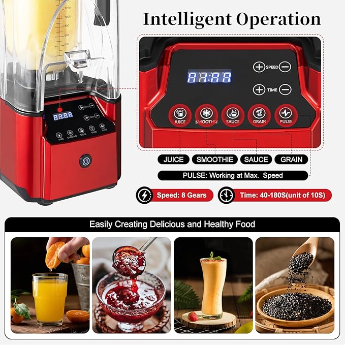 Professional 2.2L/74.4oz Commercial Smoothie Food Processing Blender for Shakes and Smoothies, 2200W Power Blender with Soundproof Shield for Fruits, Frozen Drinks