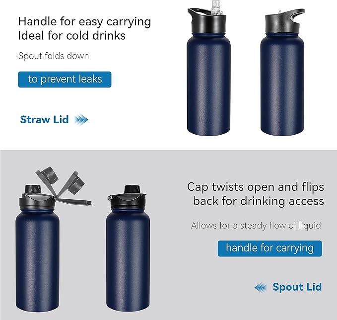 VEGOND 32 oz Insulated Water Bottle Bulk Stainless Steel Metal Water Bottles with Leak Proof Straw Lid & Spout Lid, Wide Mouth Double Walled Vacuum Travel Sports Bottle, 8 Pack