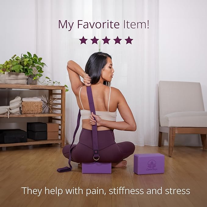 Clever Yoga Blocks & Strap - Lighweight Foam Yoga Blocks 2 Pack with 8ft Cotton Yoga Strap Set Kit for Beginners & Pros, Accessories & Equipment for Women & Men