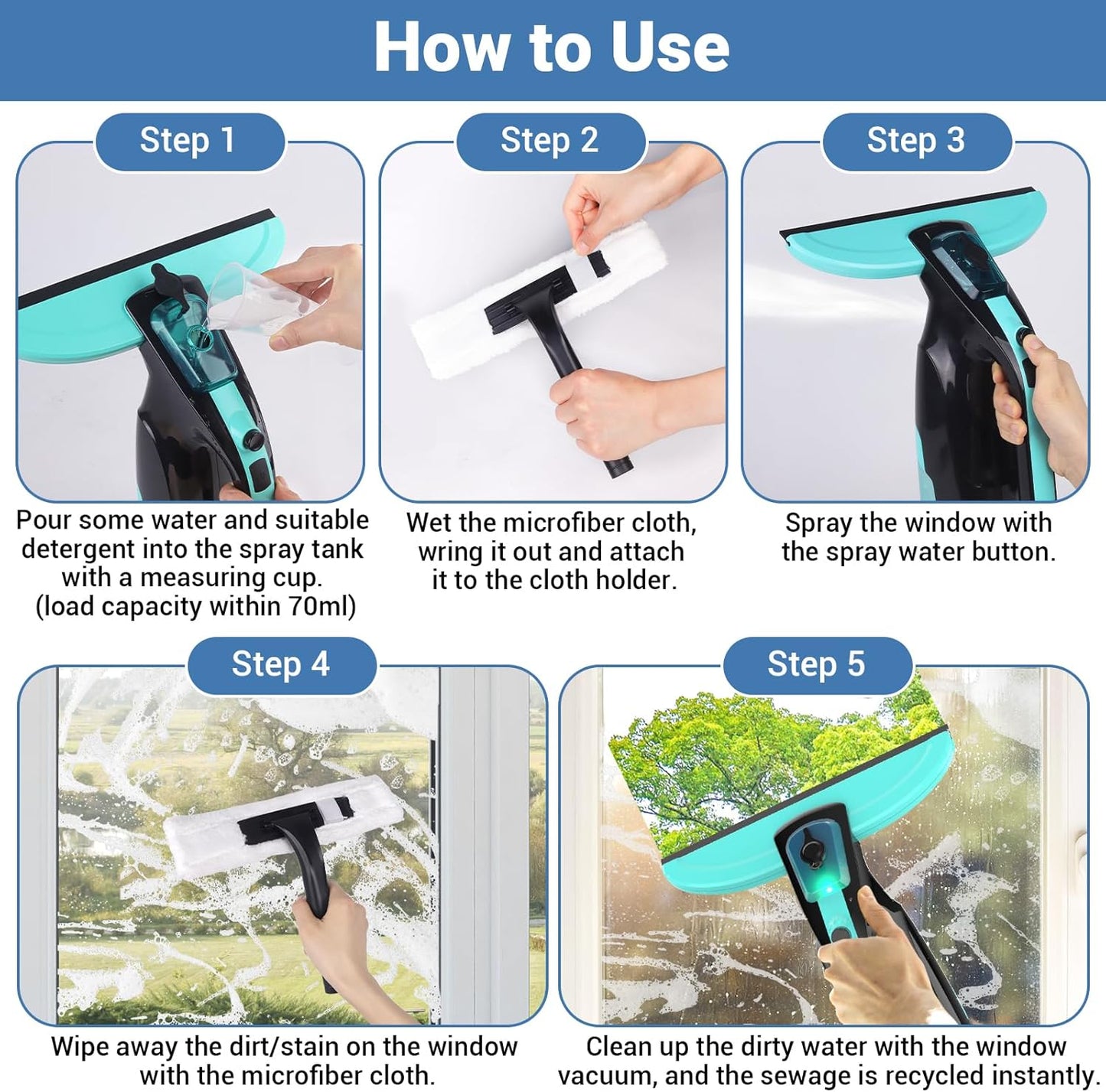 Kiato WC06 Window Vacuum Squeegee Cordless, 3 in 1 Rechargeable Window Vac Cleaner, 2 Water Tanks, Spray/Wipe/Vac, Handheld Electric Squeegee for Window, Tile, Glass, Mirror