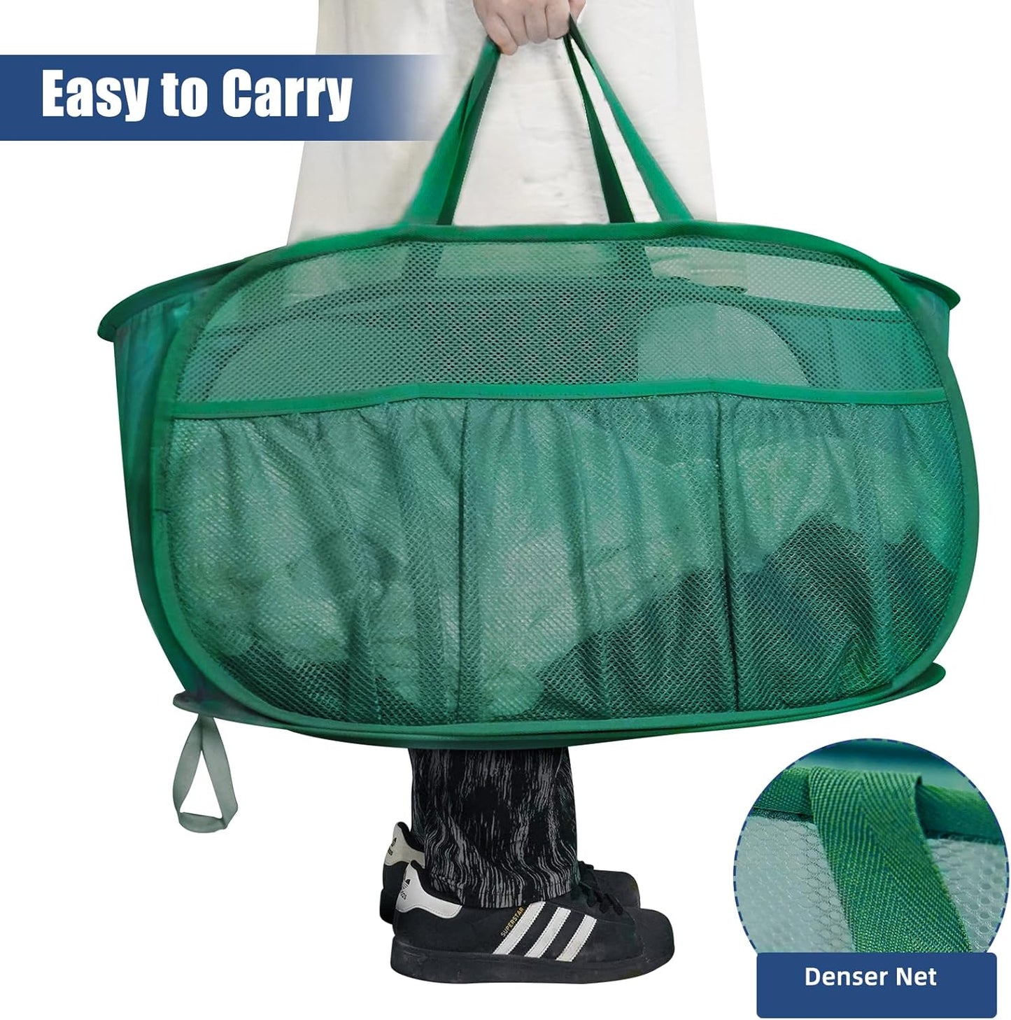 2 Pack Collapsible Laundry Baskets, Upgrade Pop Up Laundry Hamper with Convenient Bags, Foldable Laundry Basket Mesh Light Weight, Easy to Carry Clothes Hampers for Laundry, Dorm, Toys, Travel Green