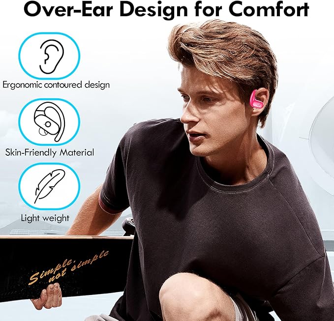 kurdene Wireless Earbuds Bluetooth Headphones Sport,Over Ear Buds with Deep Bass Sound,60Hrs Playtime Earphones Redesigned Comfort Fit with Earhooks for Running,Meeting,Workout-Hot Pink