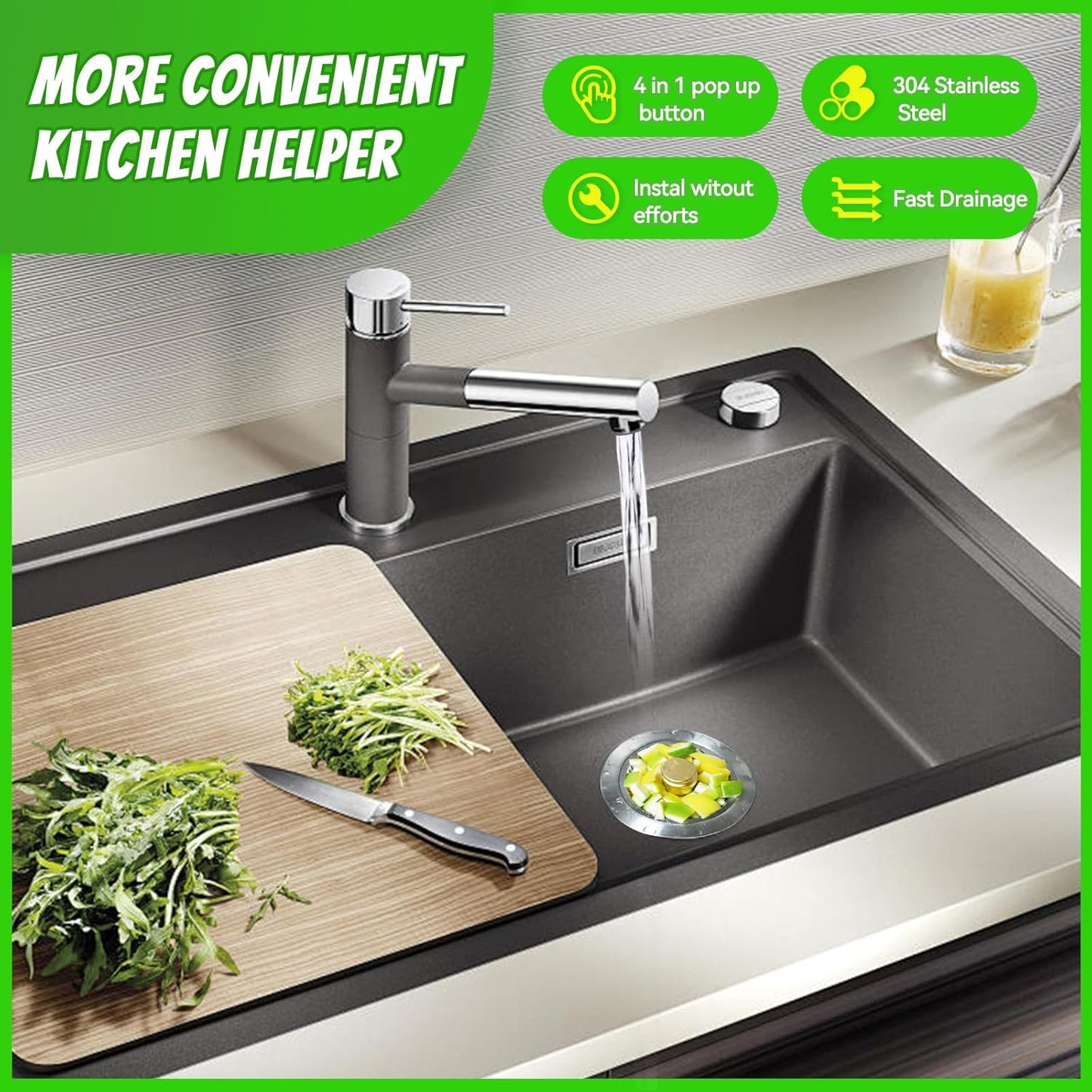 Kitchen Sink Drain Strainer, Pop-up Sink Stoppers, 3 in 1 Sink Drain Strainer, Upgraded Larger Sink Strainer Filter Basket, Cleaning Brush for US Sink Standard 3-1/2 Inch Drain Strainers