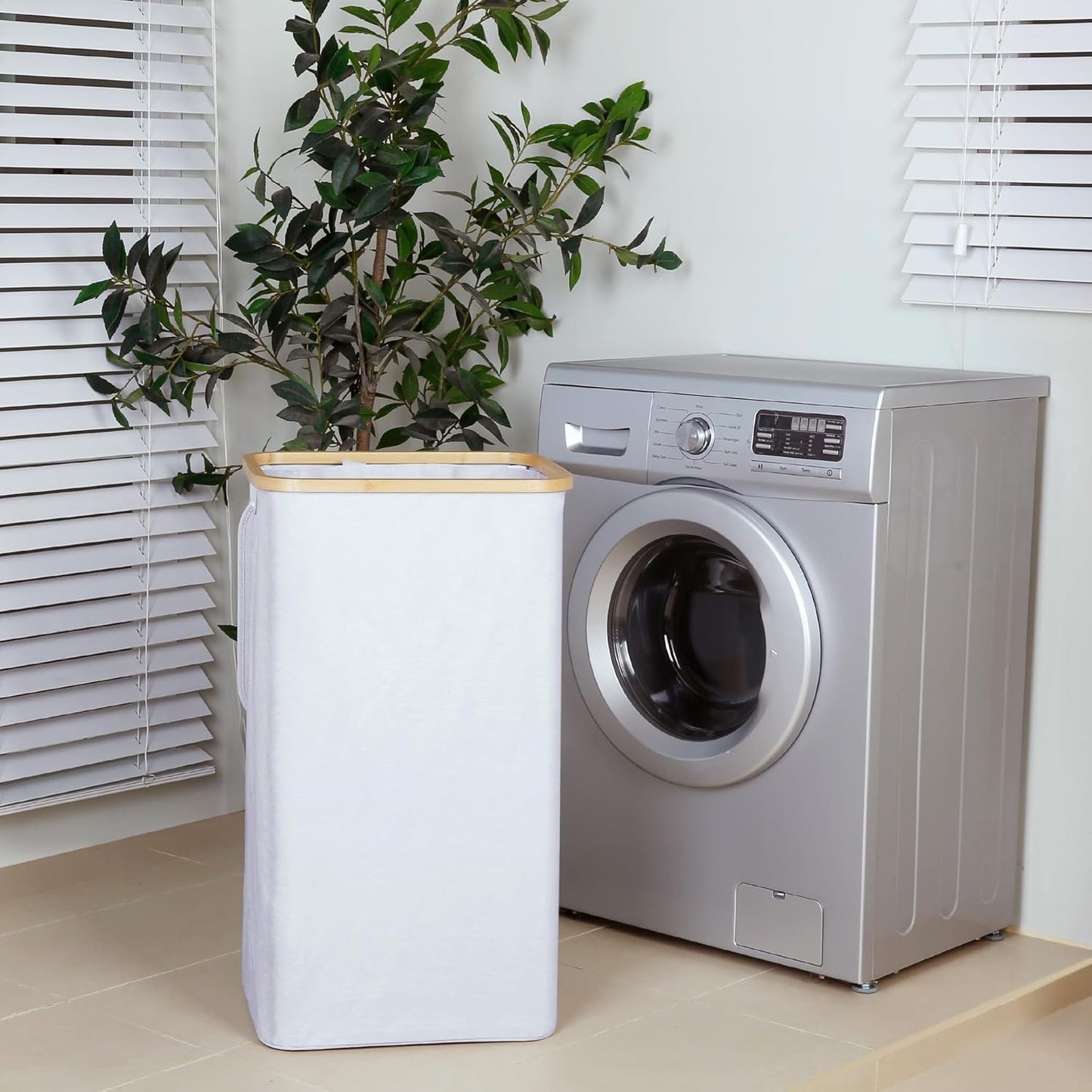 110L Laundry Hamper with Lid,Dirty Clothes Hampers for Laundry,Laundry Basket with Bamboo Handles and Removable Bag,Hamper for Bedroom, Bathroom, Dorm, Laundry Room, White