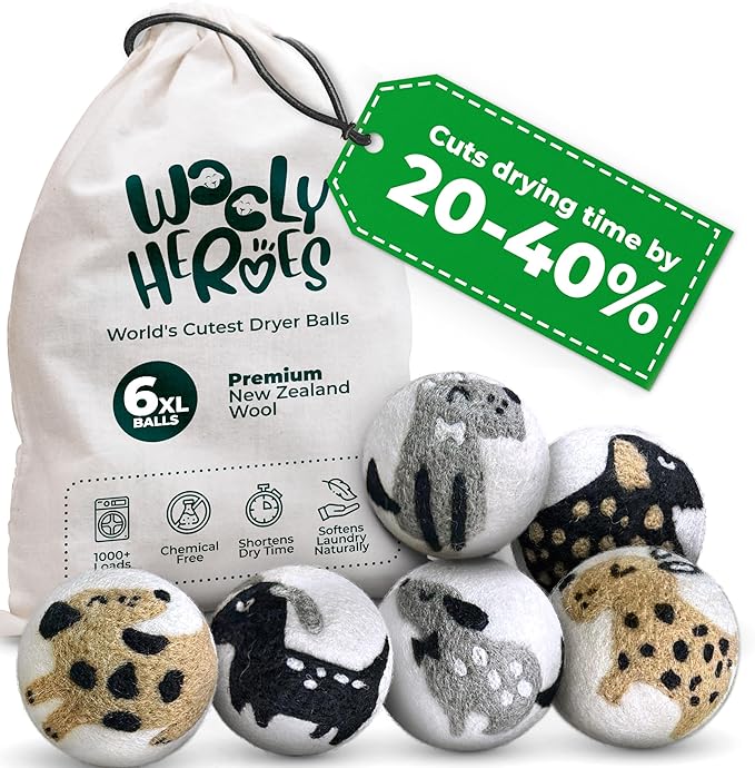 No More Dryer Sheets! Reusable Wool Dryer Balls XL 6-Pack - Reduces Static, Cuts Dry Time, & Softens Naturally