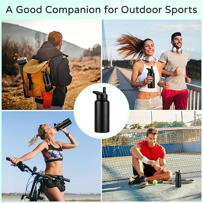 DOMICARE 32 oz Insulated Water Bottle Bulk, Vacuum Insulated Stainless Steel Sports Water Bottle with Straw Lid & Spout Lid, Leakproof, Reusable - Travel, Camping, Bike, Black (8 Pack)