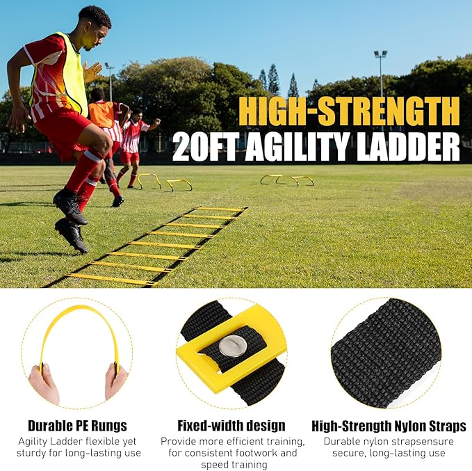 Soccer Agility Speed Training Equipment, Football Practise Set with 20 ft Agility Ladder, 12 Cones, 4 Adjustable Hurdles, Jump Rope, Parachute, for Basketball, Football, Kids, Youth, Adults