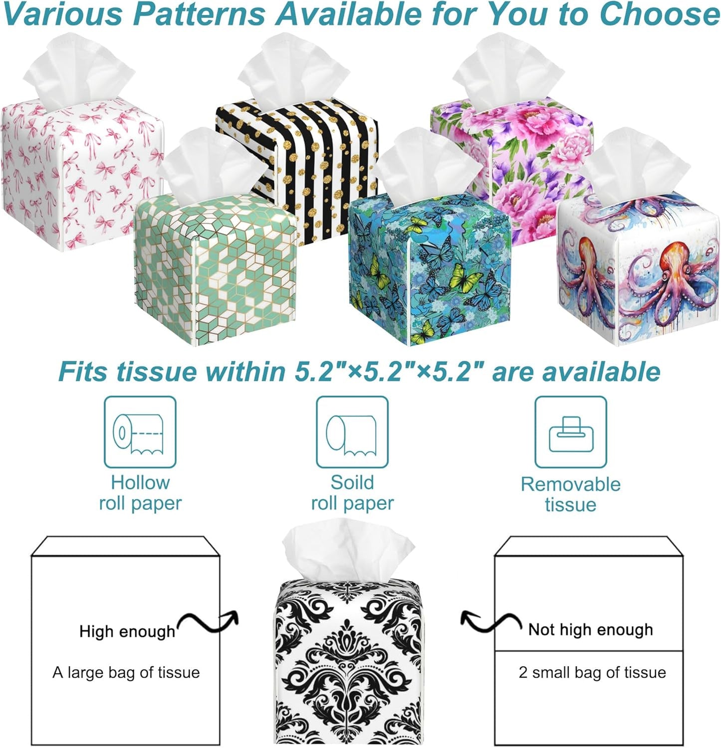 Vintage Damask Floral Tissue Box Cover Square,Leather Tissue Holder,Waterproof Leather Facial Paper Organizer Tissue Box Cover for Home Office Bathroom Vanity Countertop,5.2" x 5.2" x 5.2"