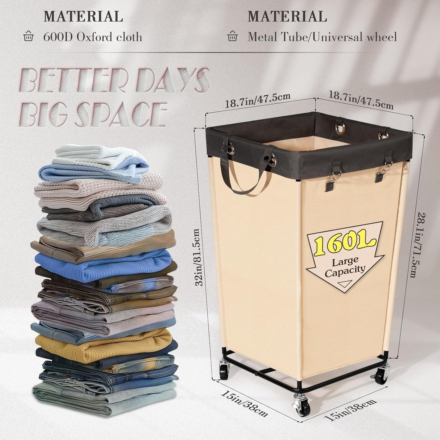 160L Laundry hamper with wheels and Handles, Large Rolling Laundry Basket, Laundry Cart for Room Bedroom Hotel Home-Beige