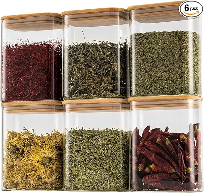 37oz Rectangle Airtight Glass Storage Containers with Bamboo Lids (Set of 6), Square Food Storage Jar, Pantry Organizers for Cereal, Nuts, Snacks and Coffee beans (with Black Lable)