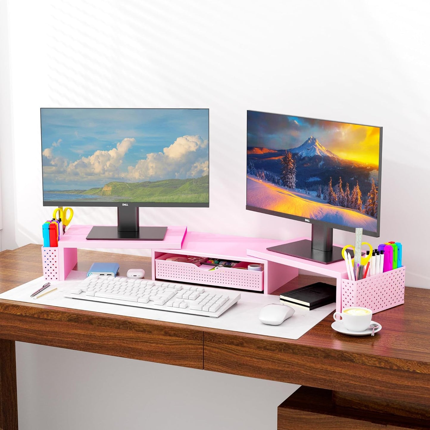Spacrea Metal Desk Organizers and Accessories, Dual Monitor Stand Riser with Drawer and 2 Pen Holders, Desk Accessories & Workspace Desktop Organizers for Office Supplies (Pink)