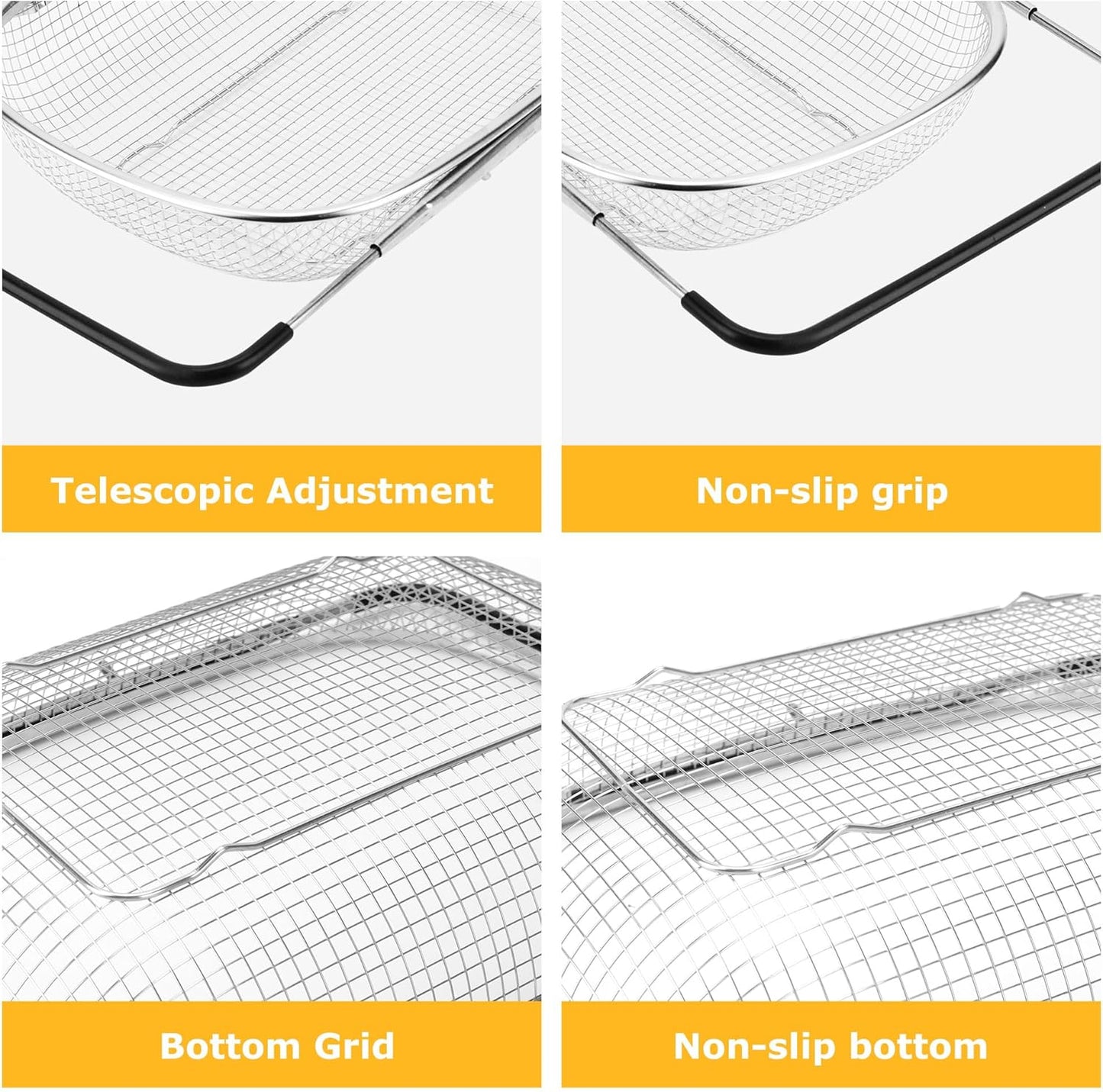 ZDRongZhen Kitchen Accessories Over the Sink Colander Strainer Basket,Stainless Steel Colander with Expandable Rubber Grip Sink Drainer-Rinse Vegetables Fruits &Strain&Drain (Large-grid)