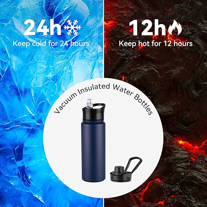 24oz Insulated Water Bottle with Straw Lid, Stainless Steel Metal Water Bottle with Straw & Wide Mouth Lid, Double Wall Vacuum Water Bottle for Hiking Camping, Navy 4 Pack