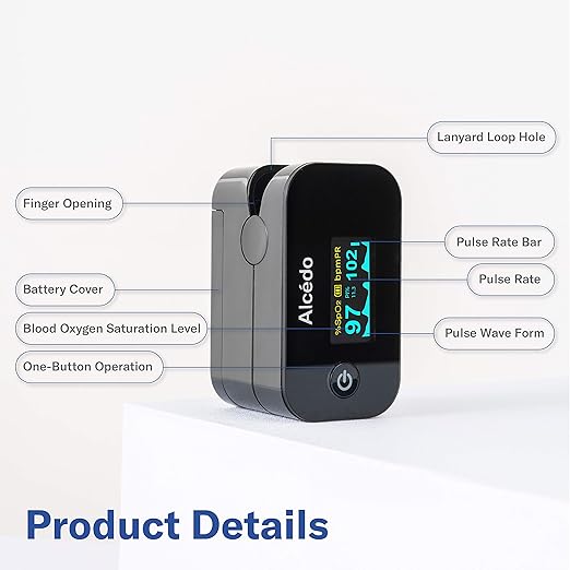 Alcedo Pulse Oximeter Fingertip | Blood Oxygen Saturation Level (SpO2) and Heart Rate Monitor | Dual Color OLED Display | Portable Carry Case, Lanyard, Batteries