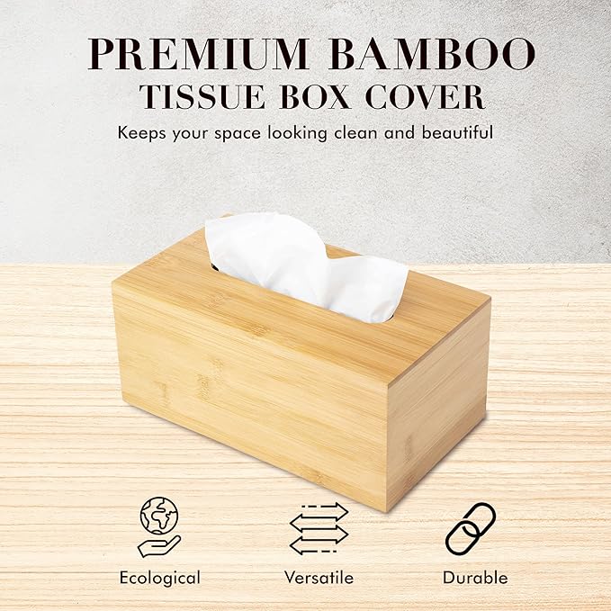 JUSK Design Tissue Box Holder - Modern, Minimalist, and Durable Wooden Tissue Box with Sliding Bottom, Easy-Refill - Premium-Quality Bamboo Tissue Box Cover, Fits 184-Count Box, Rectangular, Pack of 2