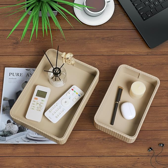 2 Pack Nightstand Organizer Tray, Decorative Perfume Valet Tray Trinket Dish Catch All Purse Key Bowl, PU Leather Coffee Table Trays for Vanity Dresser Bedside Bathroom Countertop (Beige)
