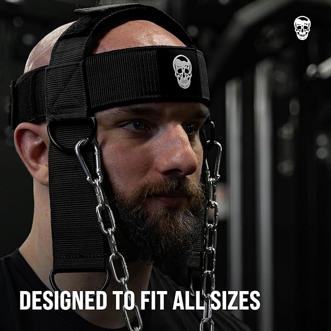 Gymreapers Neck Harness Weight Lifting - Neck Trainer Workout Equipment - Heavy Duty Stainless Steel Chain, Adjustable Neoprene Head Strap, Exercise Equipment for Strength & Pain Relief