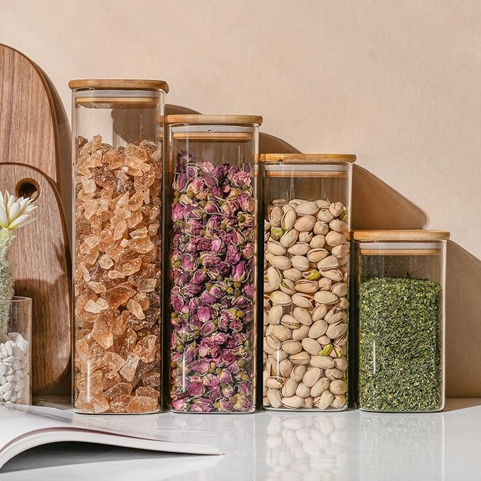 64oz Rectangle Airtight Glass Storage Containers with Bamboo Lids (Set of 4), Square Food Storage Jar, Pantry Organizers for Cereal, Flour, Pasta and Coffee beans (with Black Lable)