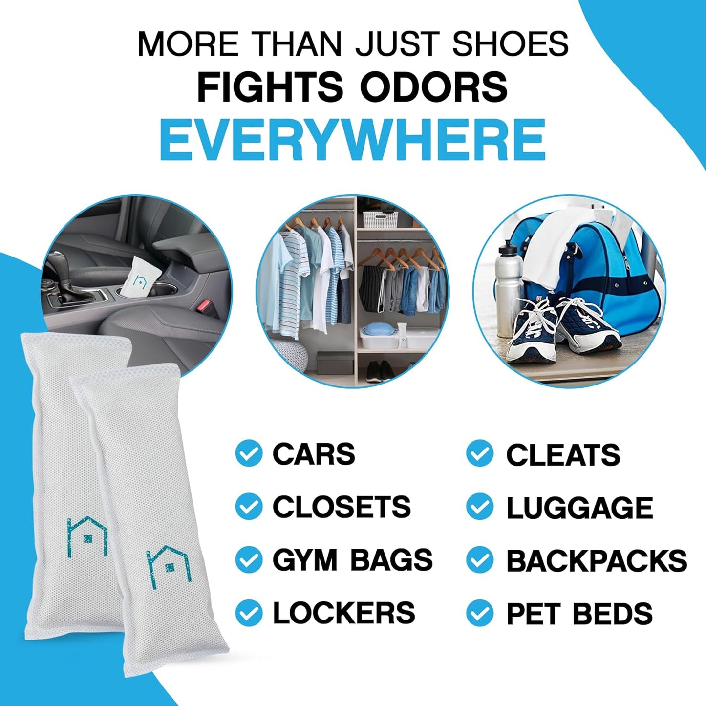 NonScents Shoe Deodorizer 4-Pack (8 Count) - Odor Eliminator, Air Freshener, Smell Absorber, Scent Remover for Shoes, Gym Bags, Soccer Cleats, Closets, Pet Area, Reusable - Shoe Deodorant