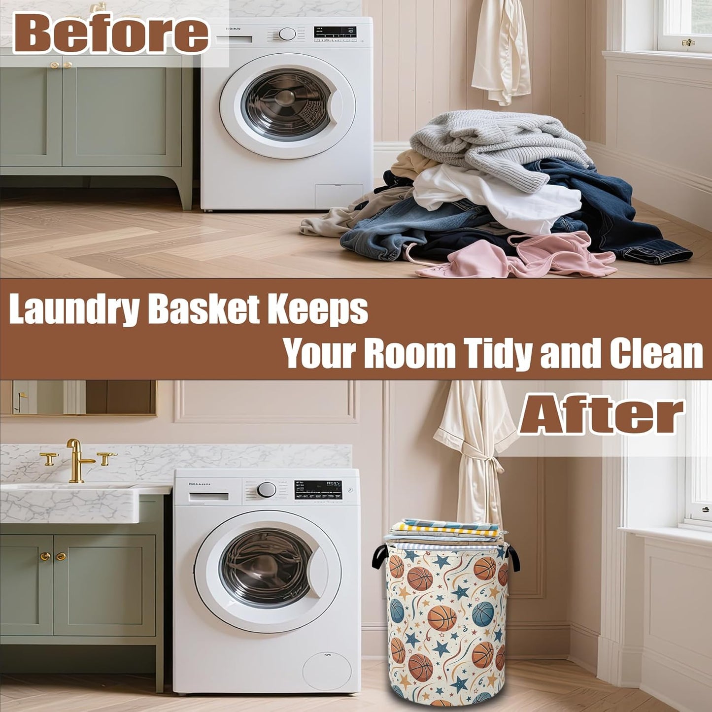 Basketballs Stars Laundry Hamper,Laundry Baskets,Waterproof Oxford Cloth Toy Storage for Bedroom,Bathroom,Nursery,16x20.8 Inch