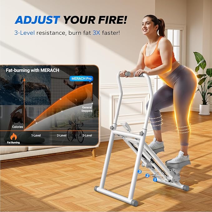 MERACH Stair Stepper Pro-3-Level Resistance Stairmaster, Upgrade High-Efficiency Stairmaster for Home Gym Exercise, Compact Folding Cardio Stair Climber with Adjustable Pedal