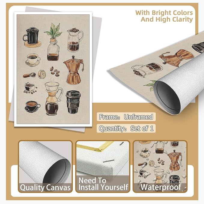 Vintage Espresso Coffee Chart Canvas Print Poster Kitchen Supplies Wall Art Minimalist Watercolor Painting Home Decor Aesthetic Pictures for Dining Room Cafe Shop Restaurant 16x24inch Unframed