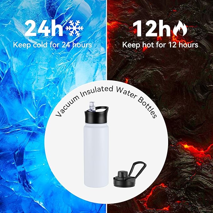 VEGOND 24oz Insulated Stainless Steel Water Bottle with Straw Lid, Double Wall Vacuum Insulated, Ideal for Hiking, Gym, Work, or Home Use, White 8 Pack