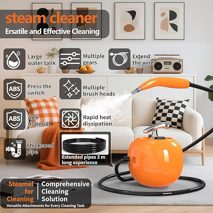 2000W Handheld Steam Cleaner, 248°F High Temperature Multipurpose Steam Cleaners with 1500ml Tank, 6 Adjustable Gear for Home Kitchen Grease Car Cleaning, Orange